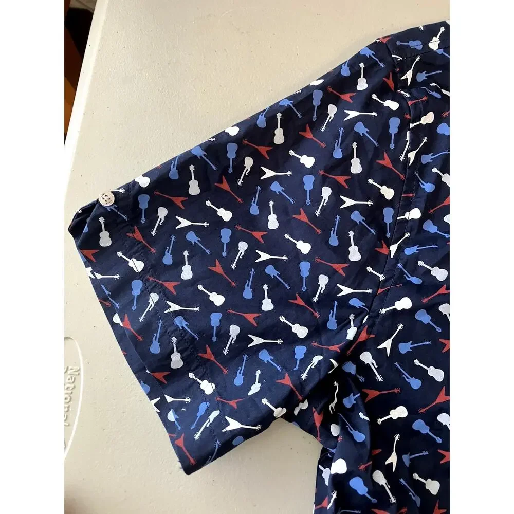 Ben Sherman Men’s Lg Navy Blue Guitar Print S/S Button Up Shirt Stretch Fit EUC